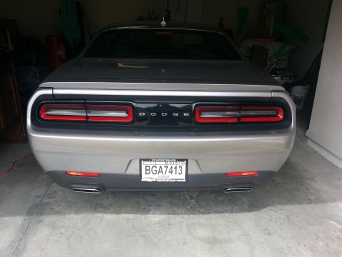 2015 Dodge Challenger - Rear view of a 2015 Dodge Challenger parked in a garage.