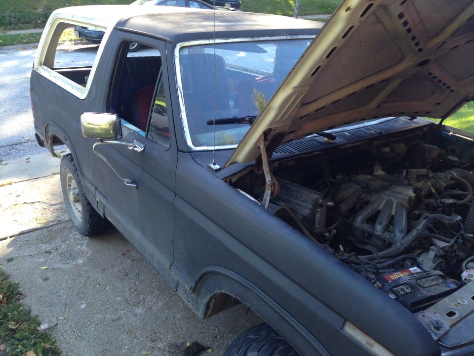 1984 Ford Bronco 3q-front view with hood open, showing engine