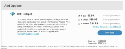 2015 Dodge Challenger - This image displays the available pricing packages for a vehicle's WiFi Hotspot service.