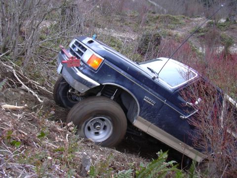 1991 Ford Bronco - A blue Ford Bronco is stuck on a steep, wooded incline, with its front wheel lifted off the ground.