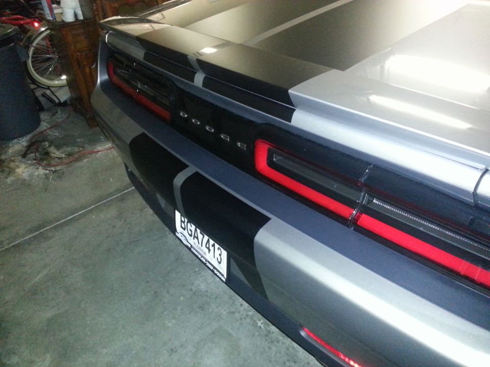2015 Dodge Challenger rear with racing stripes and license plate BGA7413