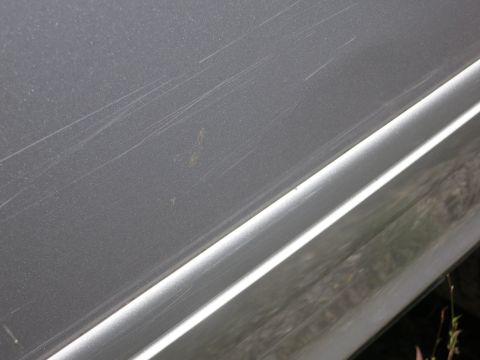 1991 Ford LTD Crown Victoria - Close-up of a scratched silver car door panel with a chrome trim piece.