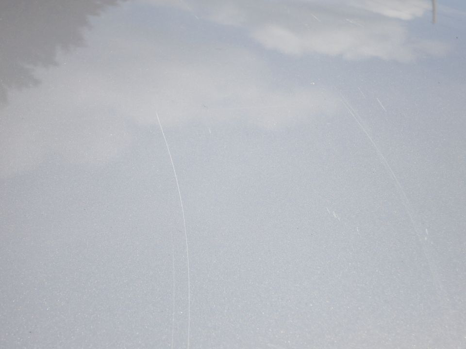 Light gray car hood with reflections of clouds and trees, showing faint scratches