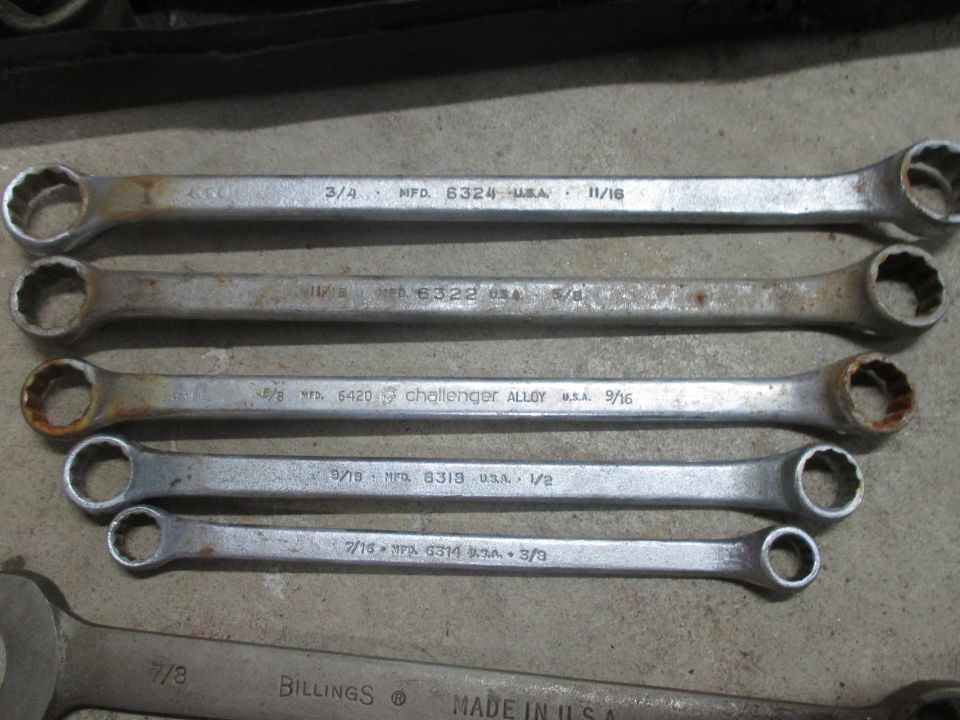 Set of wrenches with various sizes and brands including Challenger Alloy and Billings