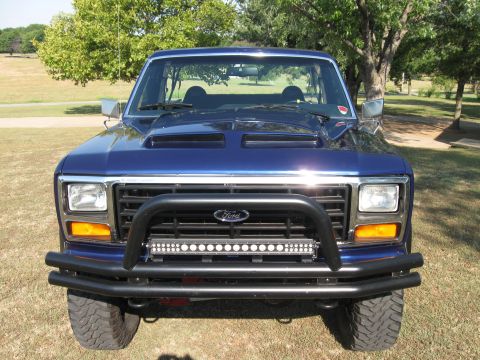 1982 Ford Bronco - This blue Ford Bronco features a prominent aftermarket bumper and a hood scoop, parked outdoors on a grassy area.