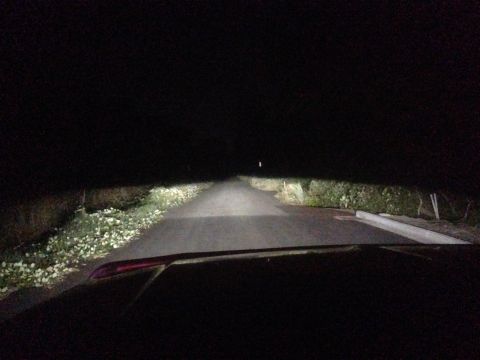 1992 Ford F-150 - Driving at night with headlights on, illuminating a dark road and surrounding vegetation.