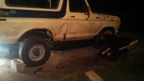 1979 Ford Bronco - This classic Ford Bronco appears to be undergoing some maintenance or repairs.