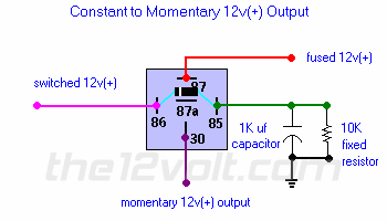 1990 Ford Bronco - Wiring diagram of a relay circuit converting constant to momentary 12v output using a capacitor and fixed resistor.