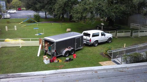 1994 Ford Bronco - Rooftop view of the Bronco and gutter trailer. This was at a dog training club. I'm standing on one of two metal canopys.