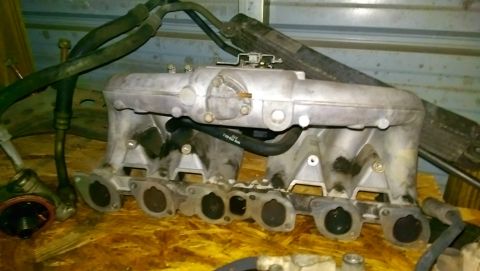 1989 BMW 3 Series - This intake manifold is shown with attached hoses, likely removed from a vehicle for repair or replacement.