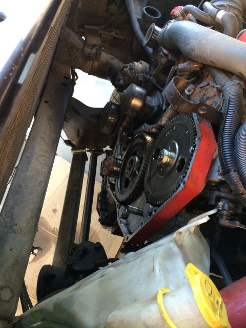 1997 Dodge 3500 - Close-up view of engine timing gears, showing internal components.