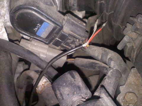 1993 Ford Probe - Close-up view of damaged engine wiring harness with exposed wires.