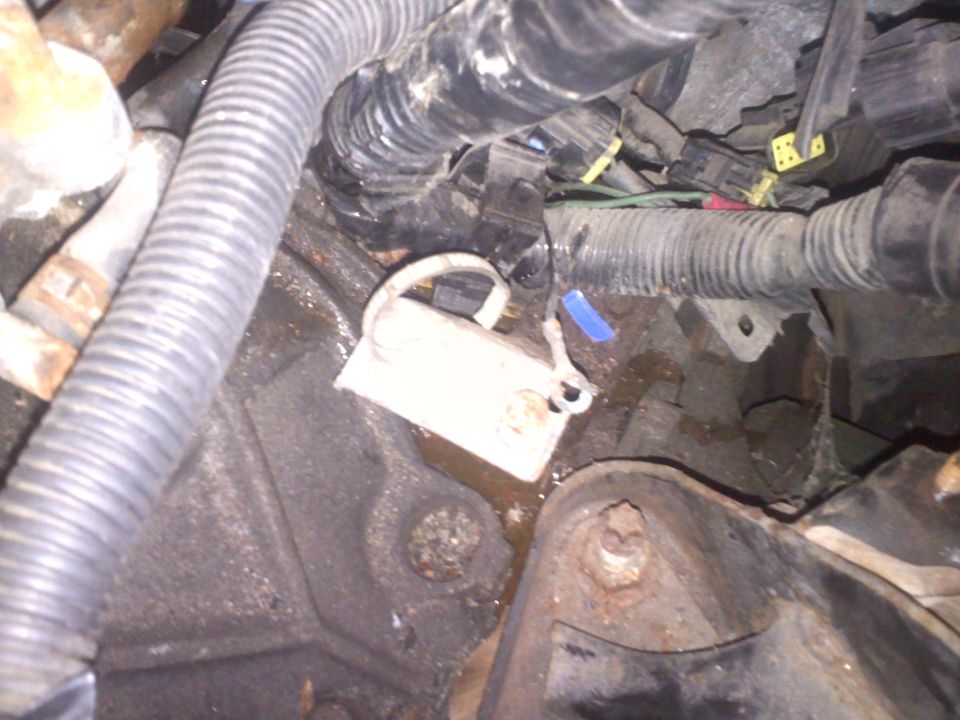 Engine bay detail with white label and blue zip tie
