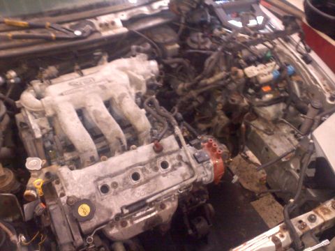 1993 Ford Probe - The engine bay is mostly empty, showing the complex wiring and components that were connected to the engine.