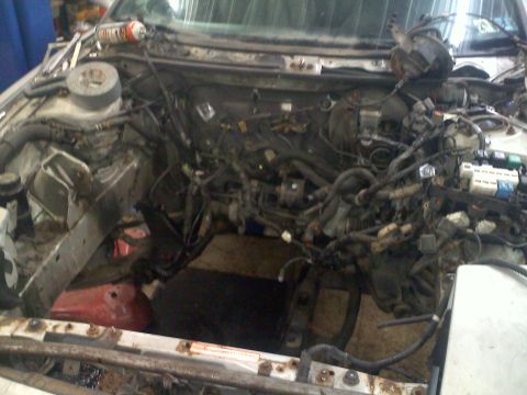 1993 Ford Probe - The engine bay of a vehicle is shown with the engine and a complex network of wires and hoses exposed.