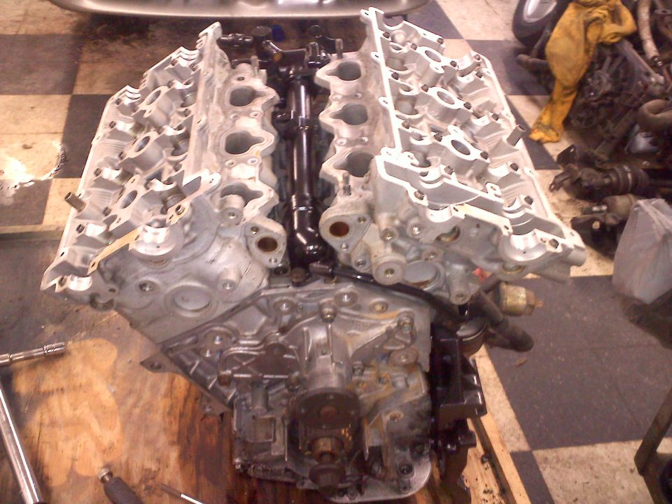 Engine block with V-shaped cylinder banks and intake manifold removed