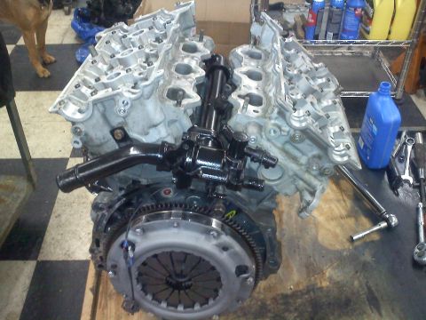 1993 Ford Probe - A V8 engine and clutch assembly are disassembled and laid out on a workbench, surrounded by tools and cleaning supplies.