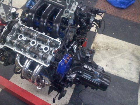 1993 Ford Probe - Engine assembly with exposed camshafts and chrome exhaust manifold, likely undergoing maintenance or modification.