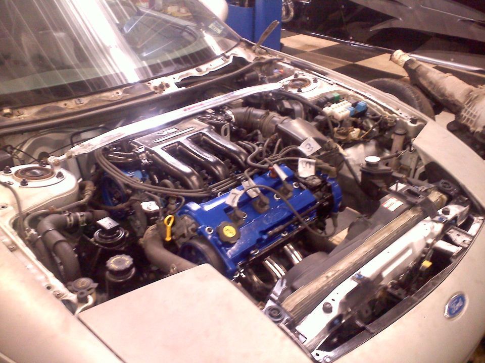 Engine bay with blue valve covers and chrome headers