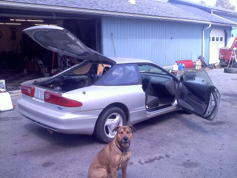 1993 Ford Probe - A silver 1993 Ford Probe GT is parked outside a garage with its doors and trunk open, a dog sits in front.