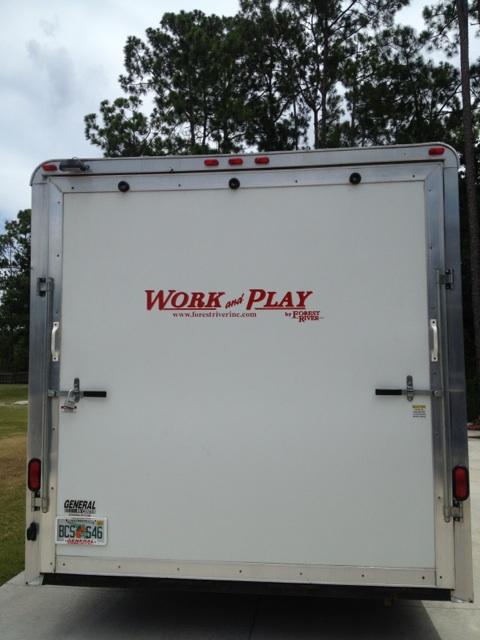 1967 Ford Mustang - White cargo trailer with 'WORK and PLAY' branding and a license plate.