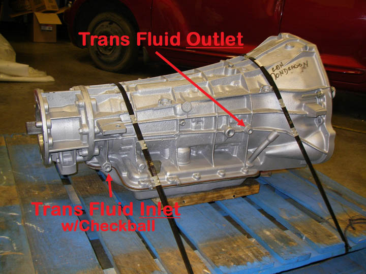 Silver transmission with red arrows pointing to fluid inlet and outlet ports. Text labels are visible