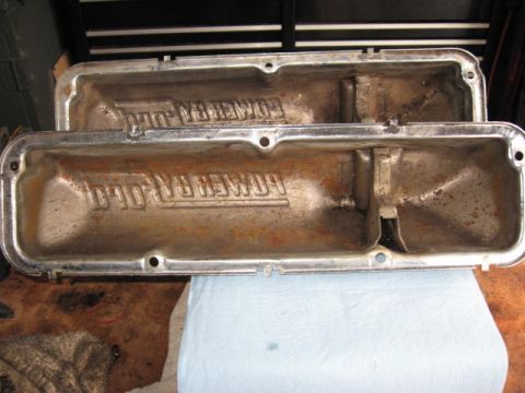 1963 Ford Galaxie - Pair of "POWER-FLO" valve covers, likely aftermarket, showing signs of age and use.
