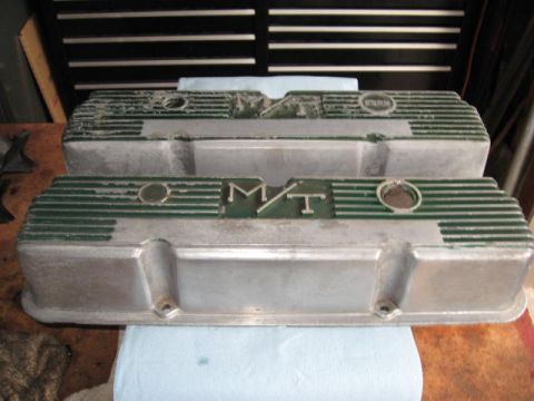 1963 Ford Galaxie - Pair of aluminum valve covers with green painted fins and embossed lettering are shown.
