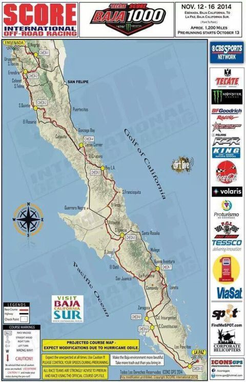 1968 Ford Mustang - Promotional Baja 1000 off-road race course map poster showing the route and sponsors.