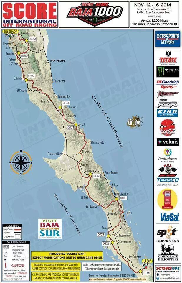 SCORE Baja 1000 2014 race course map poster over Baja peninsula terrain