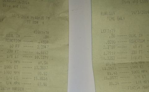2000 Mercury Grand Marquis - Drag racing time slips detail performance metrics from two separate runs.