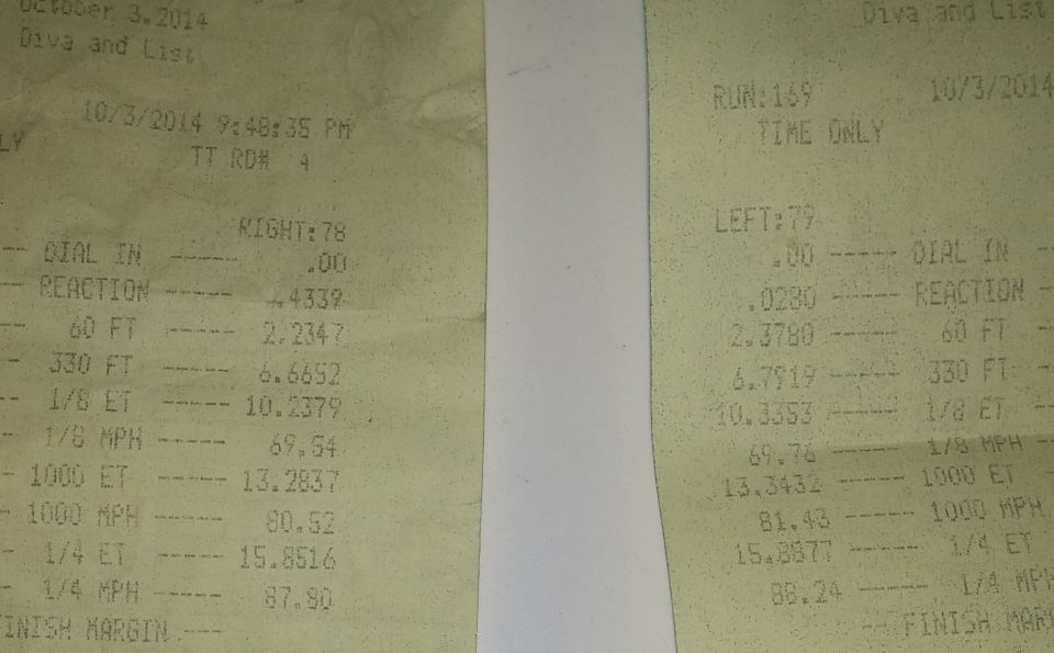 Drag-strip timing slip showing reaction time and elapsed times