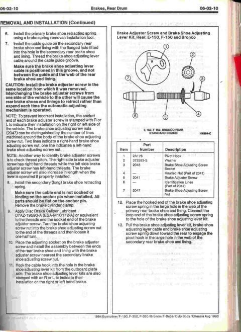1996 Ford Bronco - Scanned page 06-02-10 of a Ford service manual titled "Brakes, Rear Drum," covering removal and installation of the brake shoe retracting s…