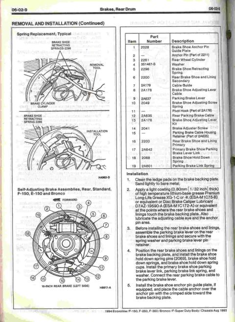 1996 Ford Bronco - Rear drum brake removal and installation procedure with spring-replacement diagrams, part-number table and numbered steps.