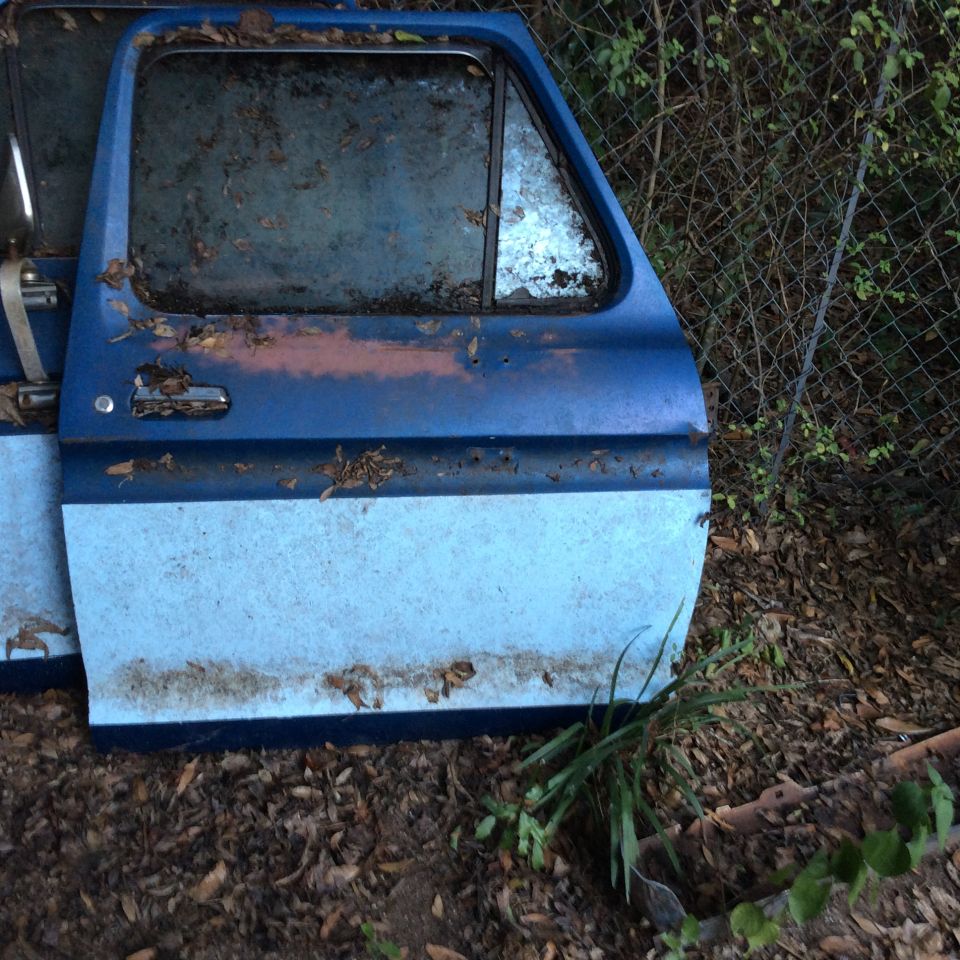 blue and light blue truck doors covered in leaves and dirt, next to a chain-link fence