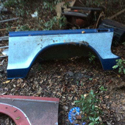 1979 Ford Bronco - A detached vehicle fender part rests on the ground amidst fallen leaves and debris.