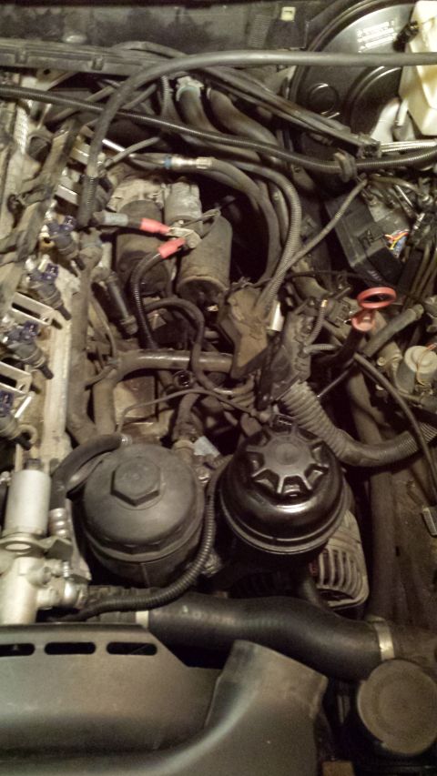 2002 BMW 3 Series - Close-up view of a car's engine bay, showing complex wiring and plumbing.