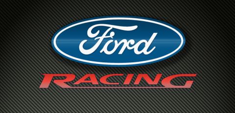1998 Ford Crown Victoria - Blue Ford oval emblem above a red 'Racing' wordmark set against a carbon-fiber weave background.