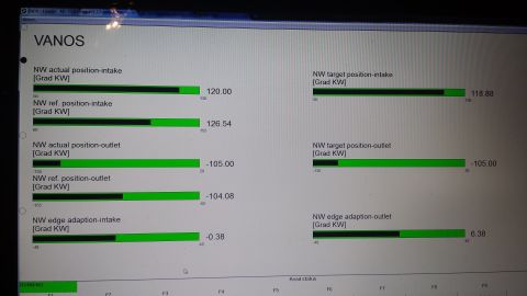 2002 BMW 3 Series - A computer screen displays VANOS diagnostic data, including intake and outlet positions and edge adaptation values.