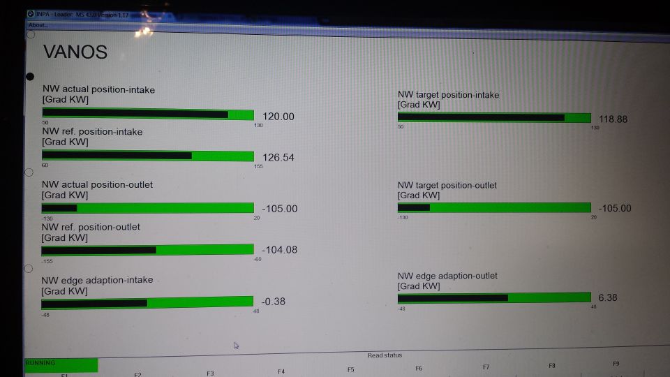 Photo of diagnostic software screen showing VANOS camshaft position bar readouts