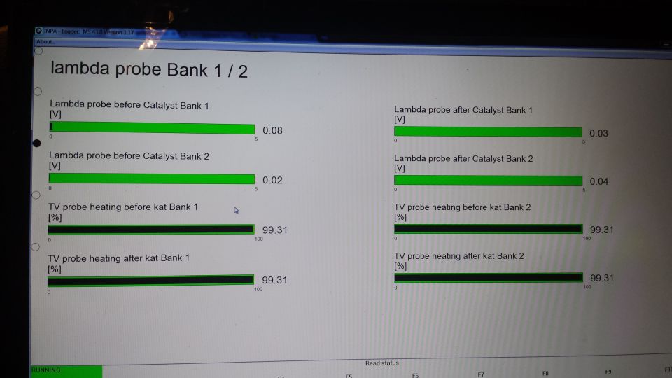Screen shows lambda probe and TV probe heating data for Bank 1 and Bank 2