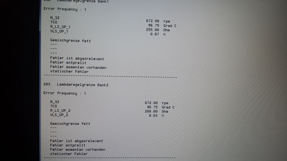 Computer screen showing diagnostic codes with RPM, Ohm, and Grad C readings