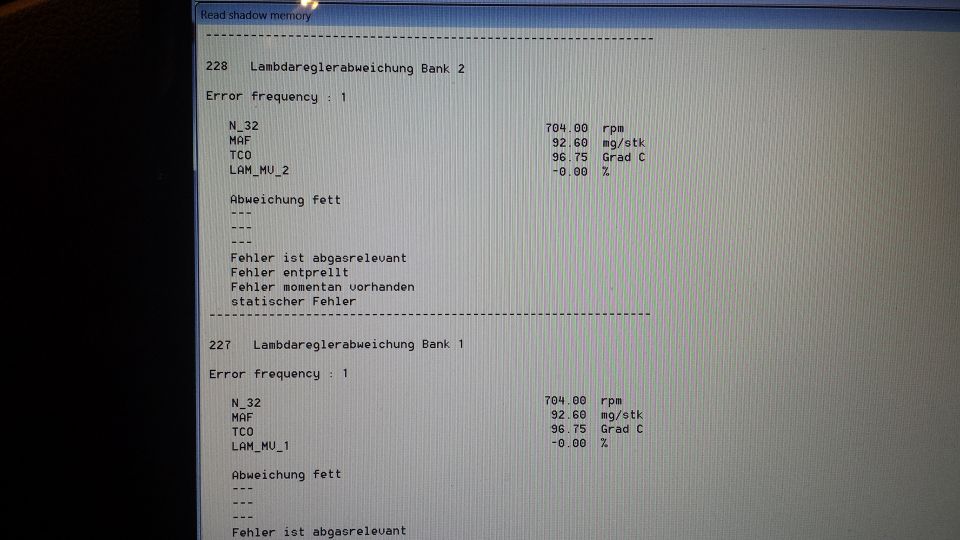 Computer screen displaying engine error codes and data, including lambda regulation deviation for Bank 1 and Bank 2