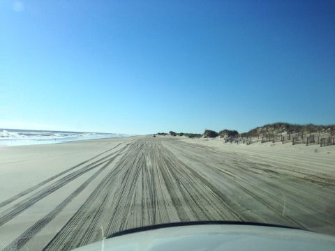 1979 Ford Bronco - Driving on the beach with tire tracks leading towards the dunes and ocean.