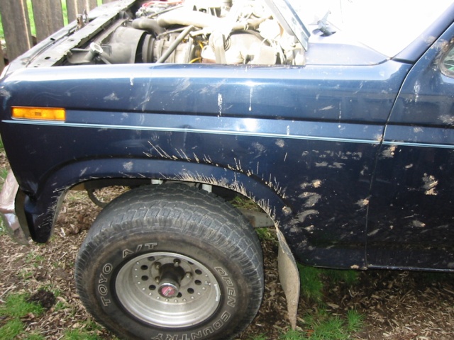 Mud-splattered blue SUV fender and engine bay