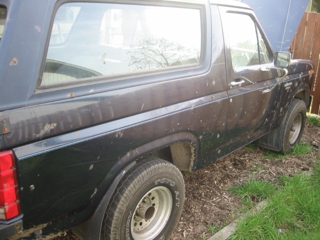 Dark blue Ford Bronco, side view, hood up, parked on dirt and grass