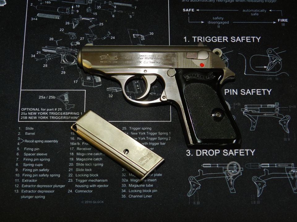 Walther PPK pistol with magazine on a schematic mat