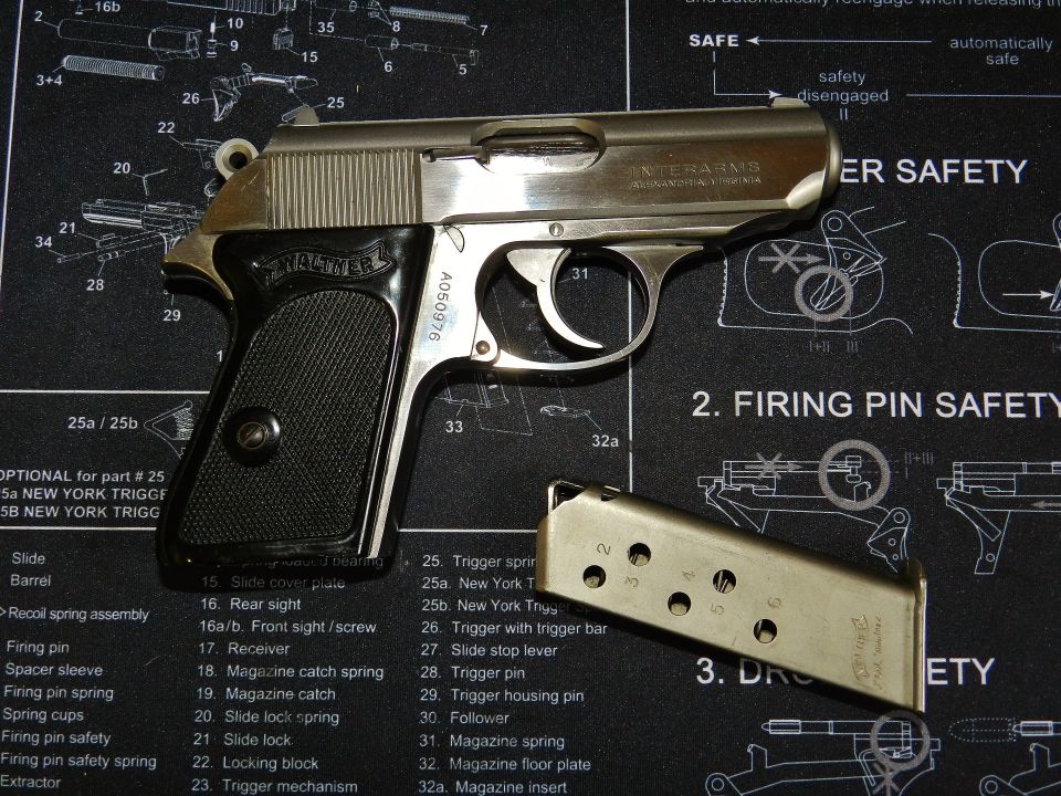 Walther PPK pistol and magazine on a gun schematic mat