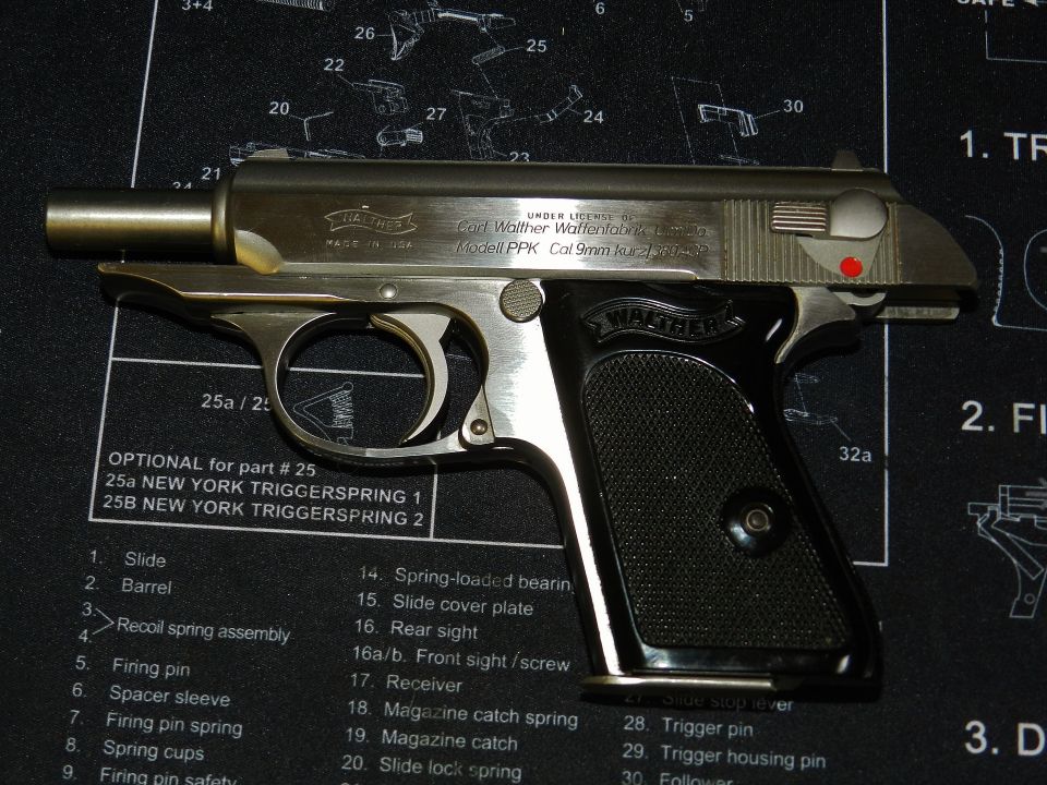 Walther PPK pistol with "Carl Walther Waffenfabrik" text