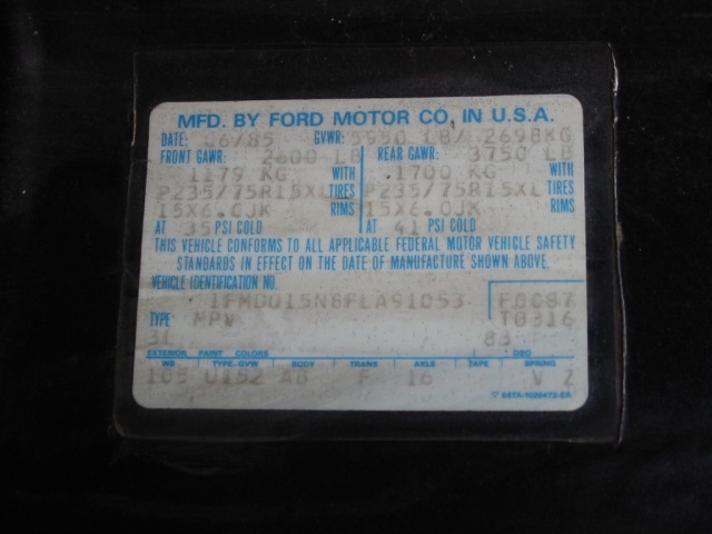 Ford Motor Co. certification label dated 06/85 with GVWR, GAWR, tire size and MPV type